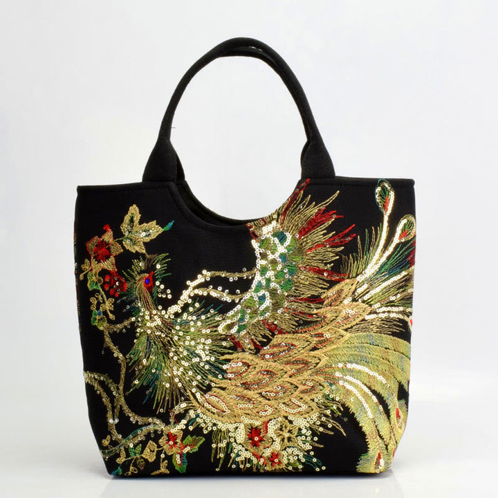 Buddha Stones Peacock Double-sided Embroidery Tote Bag Shoulder Bag Crossbody Bag - Black Peacock - Simple Tote Bag - image 16