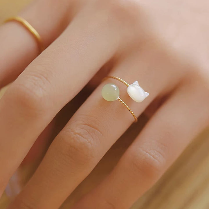 Buddha Stones Tridacna Stone Cat Head Jade Bead Blessing Ring - image 2