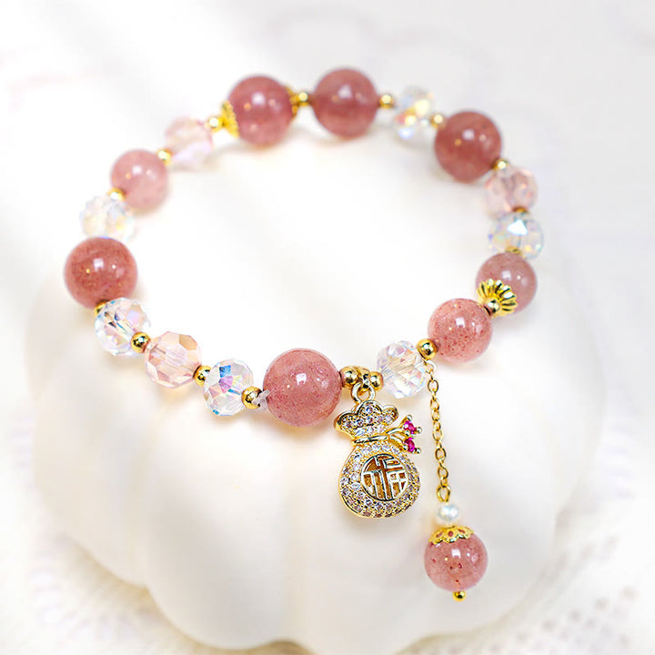 Buddha Stones Natural Strawberry Quartz Crystal Money Bag Charm Positive Bracelet - image 4