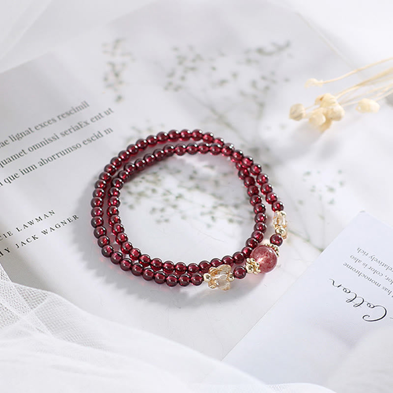 Buddha Stones 14K Gold Plated Natural Garnet Strawberry Quartz Butterfly Protection Double Wrap Bracelet - image 5