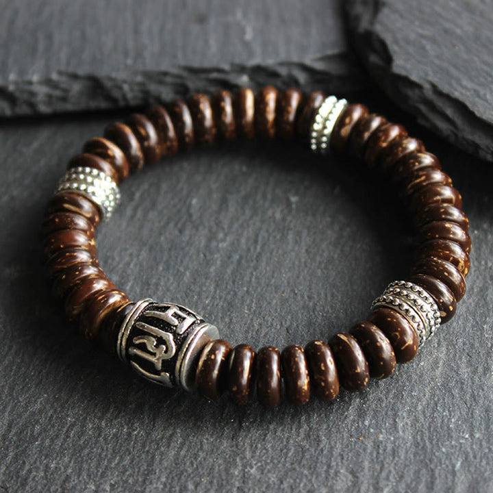 Buddha Stones Natural Tibetan Coconut Shell Om Mani Padme Hum Positive Bracelet - Brown Coconut Shell - 18-20cm - image 0
