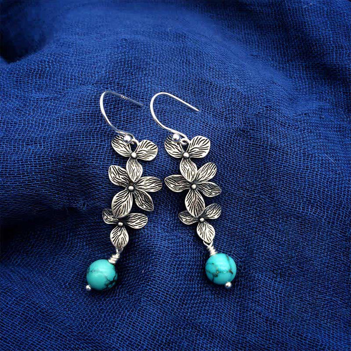 Buddha Stones 925 Sterling Silver Turquoise Lazurite Flower Leaf Serenity Protection Hook Drop Dangle Earrings - image 9