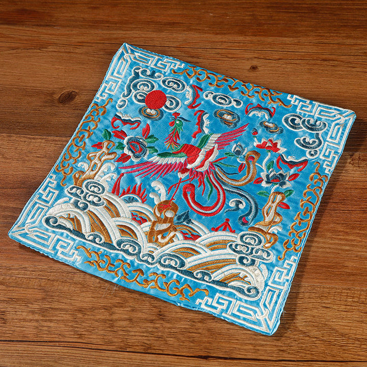 Buddha Stones Crane Phoenix Dragon Kirin Embroidered Cup Mat Pad Tea Cup Coaster Square Kung Fu Tea Mat - Light Blue Phoenix - image 15