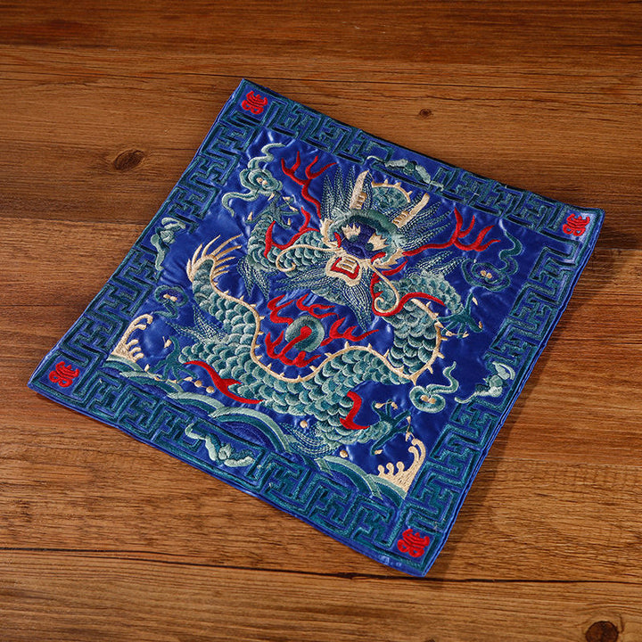 Buddha Stones Crane Phoenix Dragon Kirin Embroidered Cup Mat Pad Tea Cup Coaster Square Kung Fu Tea Mat - Blue Dragon - image 18