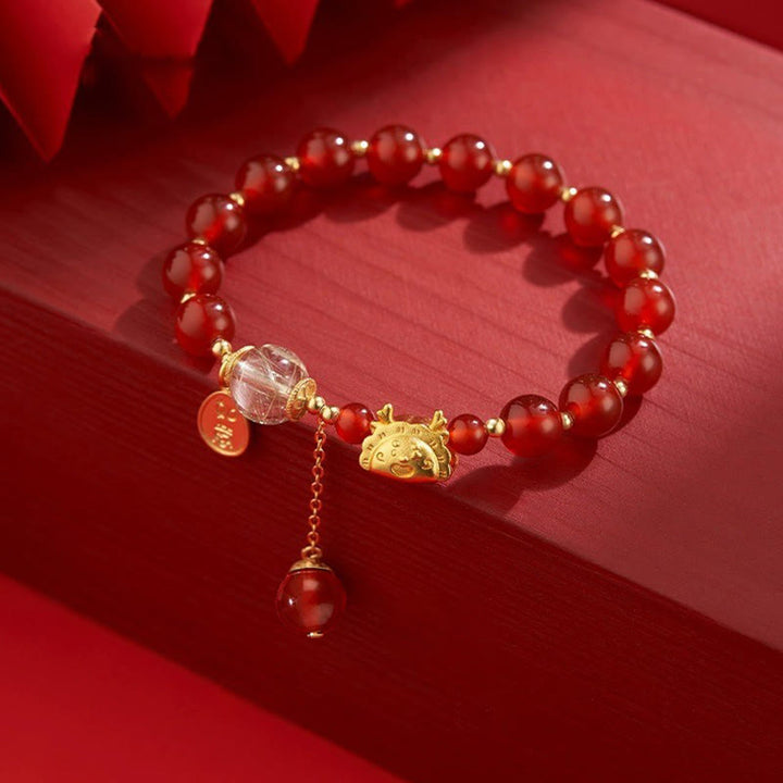 Buddha Stones Year of the Dragon Dumpling Natural Red Agate Garnet Hetian Jade Fu Character Luck Success Bracelet - Red Agate(Wrist Circumference 14-16cm) - image 0