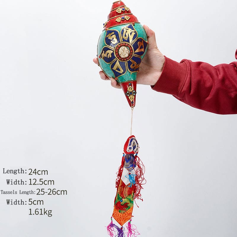 Tibetan Handmade Shankha Om Mani Padme Hum Buddha Avalokitesvara Turquoise Conch Shell Positive Decoration - Om Mani Padme Hum-White Tara 24*12.5cm - image 25