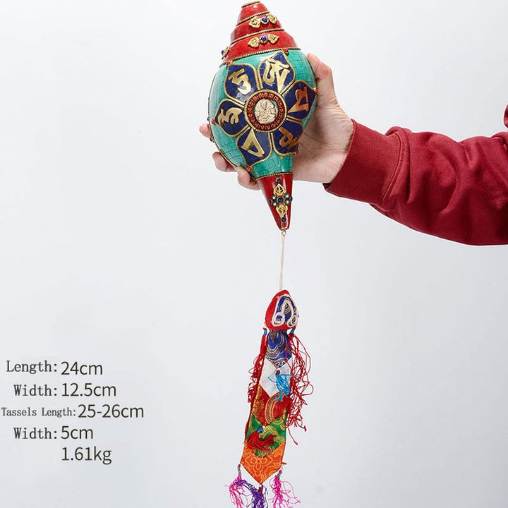 Tibetan Handmade Shankha Om Mani Padme Hum Buddha Avalokitesvara Turquoise Conch Shell Positive Decoration - Om Mani Padme Hum-White Tara 24*12.5cm - image 25