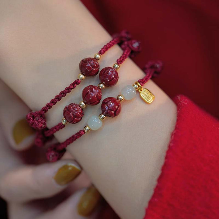 Buddha Stones Cinnabar Jade Lotus Calm Red String Weave Bracelet - image 1