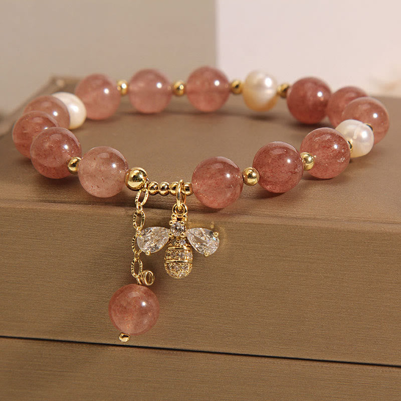 Buddha Stones Strawberry Quartz Pearl Cute Zircon Honeybee Positive Charm Bracelet - image 4