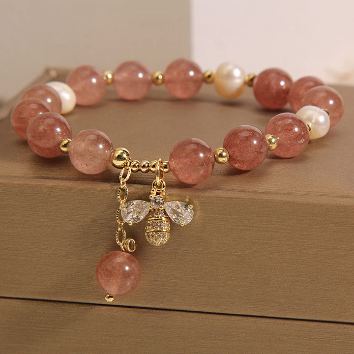 Buddha Stones Strawberry Quartz Pearl Cute Zircon Honeybee Positive Charm Bracelet - image 4