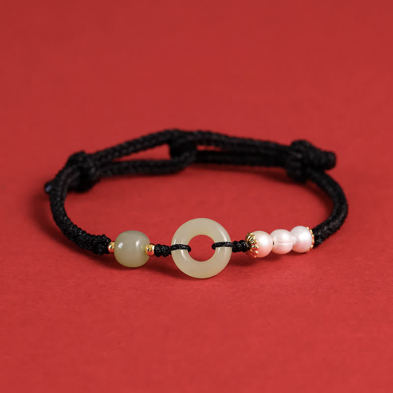 Buddha Stones Natural Hetian Jade Pearl Peace Buckle Luck Bracelet - Black - image 16