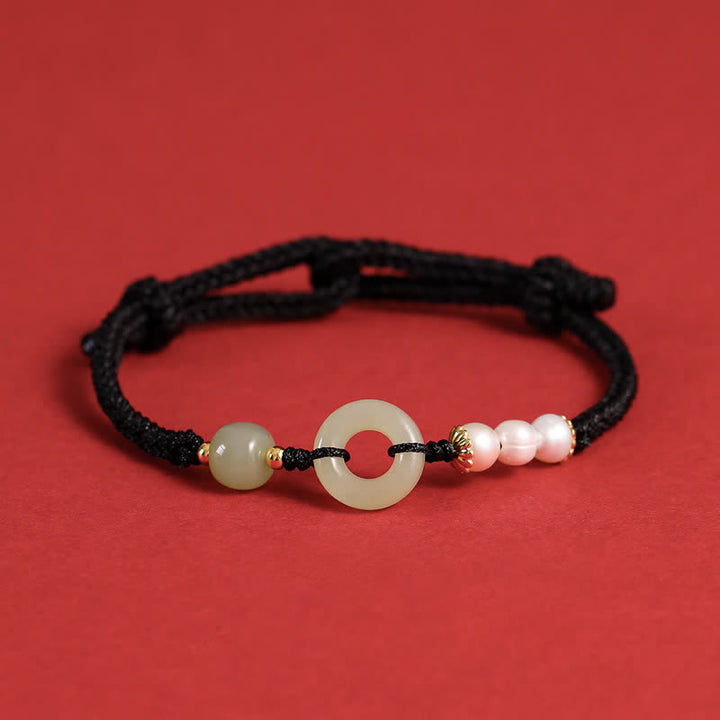 Buddha Stones Natural Hetian Jade Pearl Peace Buckle Luck Bracelet - Black - image 16