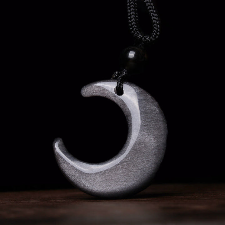 Buddha Stones Natural Silver Sheen Obsidian Selenite Crystal Crescent Moon Yin Yang Couple Protection Necklace Pendant - image 0
