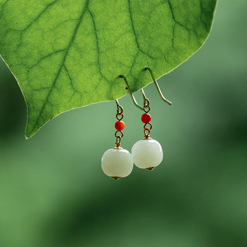 Buddha Stones 925 Sterling Silver Plated 14k Gold Hetian Jade Red Agate Luck Drop Dangle Earrings - image 8