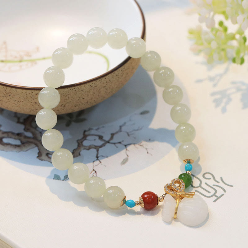 Buddha Stones Natural Hetian White Jade 14K Gold Plated Money Bag Blessing Bracelet - image 1