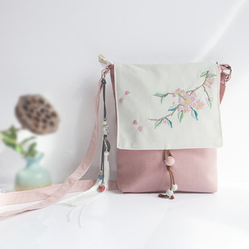 Buddha Stones Handmade Embroidered Plum Flowers Canvas Crossbody Bag Shoulder Bag Handbag - Light Pink Peach Blossom 20*23cm - image 12