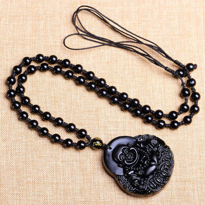 Buddha Stones Laughing Buddha Black Obsidian Strength Protection Pendant Necklace - image 4