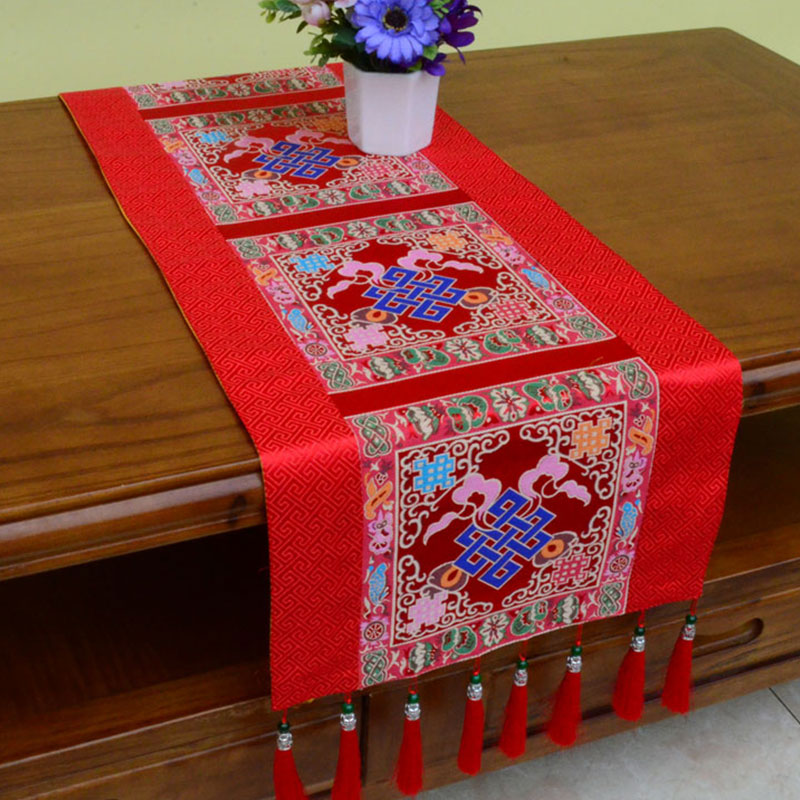 Buddha Stones Prayer Altar Mat Man-Bcu Kalachakra Endless Knot Vajra Tibetan Auspicious Symbols Tassels Table Runner - The Knot of Eternity - Red - 190*33cm - image 11