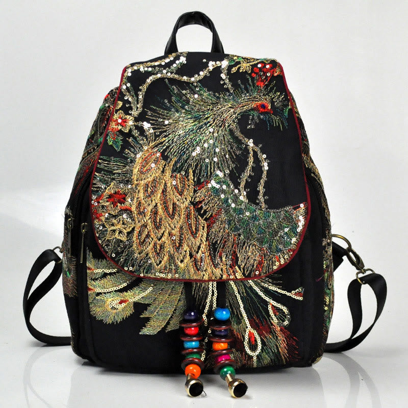 Buddha Stones Peacock Embroidery Canvas Tassel Backpack - image 2