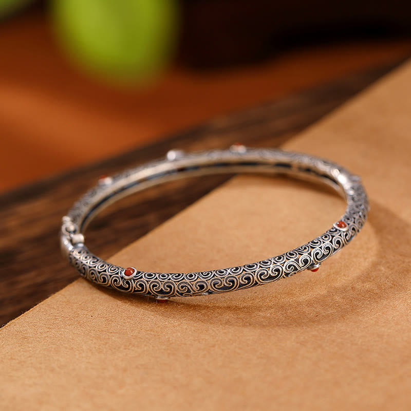 Vintage Tang Dynasty Flower Design Engraved Red Agate Copper Luck Bracelet Bangle - image 10