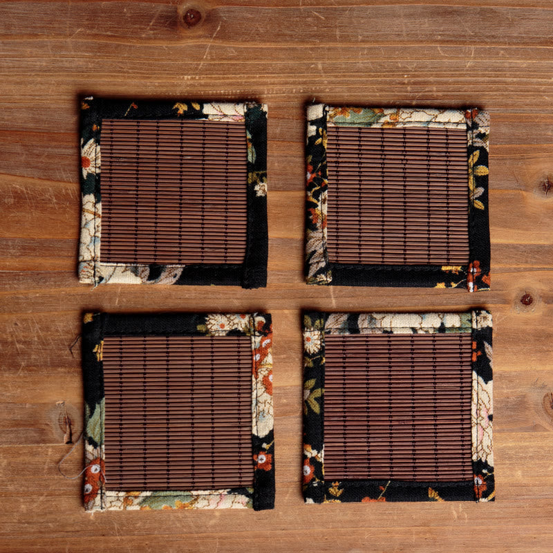 Buddha Stones Vintage Peony Flower Blossom Bamboo Cup Mat Pad Tea Cup Coaster Kung Fu Tea Mat - Brown Coasters(4Pcs) - 8*8cm - image 15