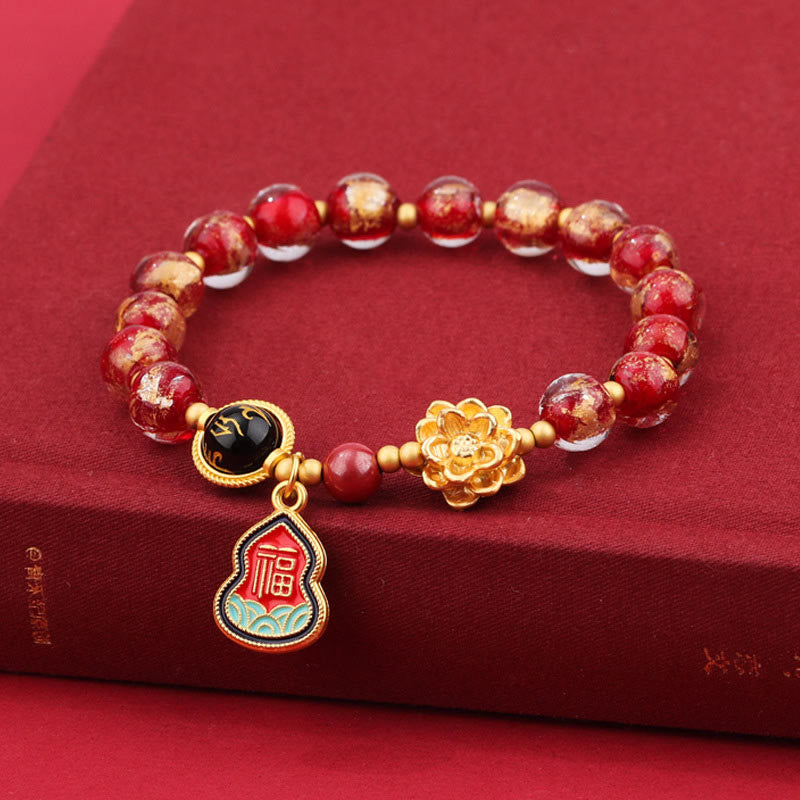 Buddha Stones Tibet Om Mani Padme Hum Fu Character Gourd Charm Lotus Liuli Glass Bead Luck Bracelet - 8mm Red Liuli Glass Bracelet(Wrist Circumference 14-16cm) - image 8