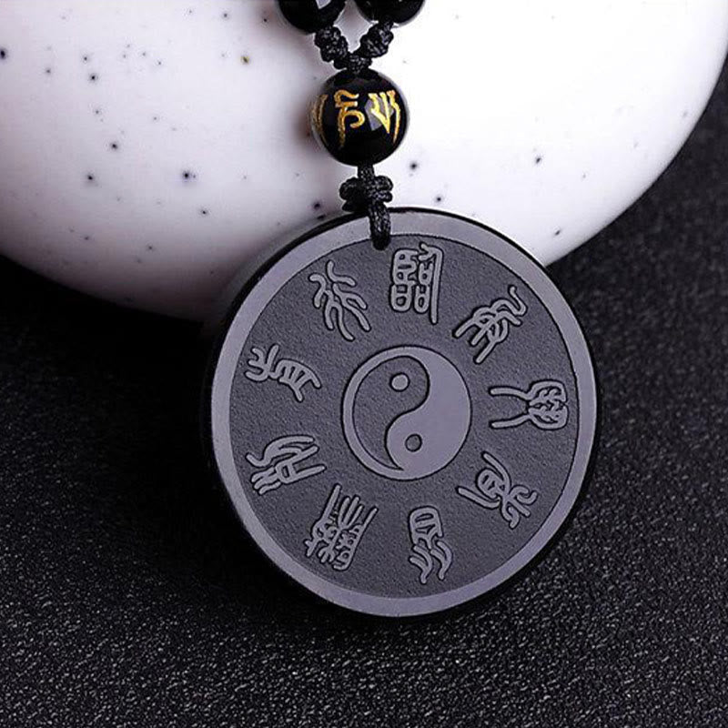Buddha Stones Natural Black Obsidian Taoism Five Sacred Mountains Nine-Character Mantra Carved Strength Yin Yang Necklace Pendant Key Chain - image 5
