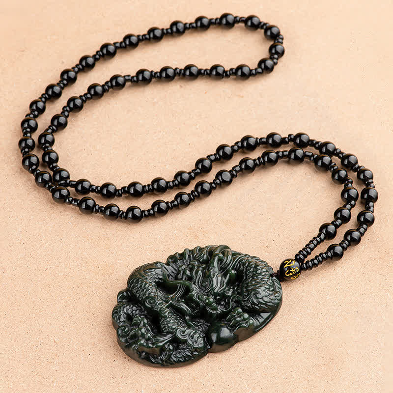 Buddha Stones Hetian Cyan Jade Dragon Success Harmony Necklace Beaded String Pendant - image 4