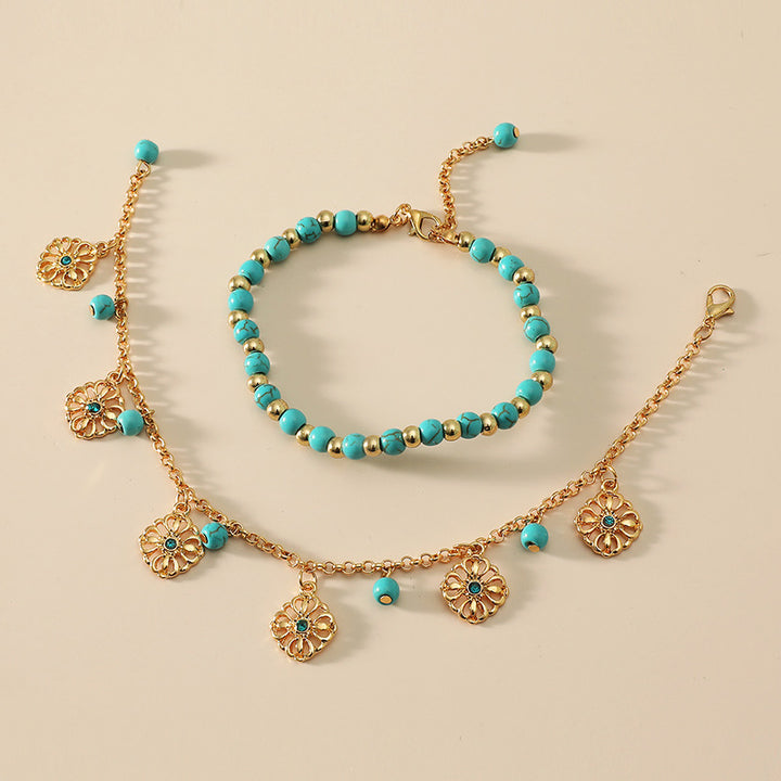 2Pcs Turquoise Stone Flower Protection Bracelet Anklet - image 5