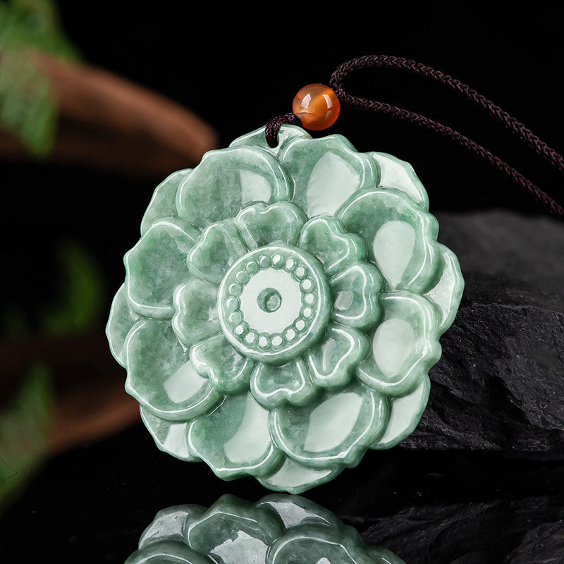 Buddha Stones Lotus Pattern Jade Luck Prosperity Necklace Pendant - image 1