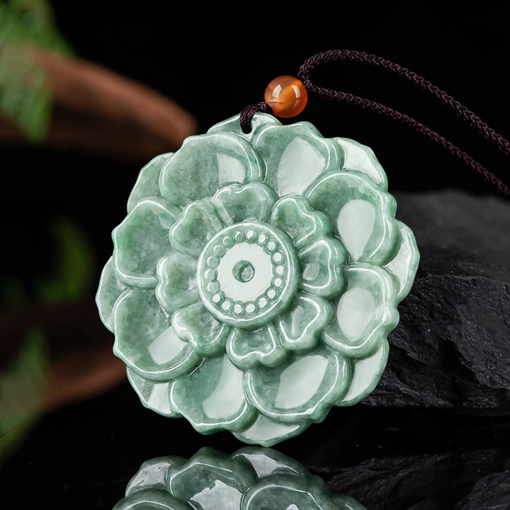 Buddha Stones Lotus Pattern Jade Luck Prosperity Necklace Pendant - image 1