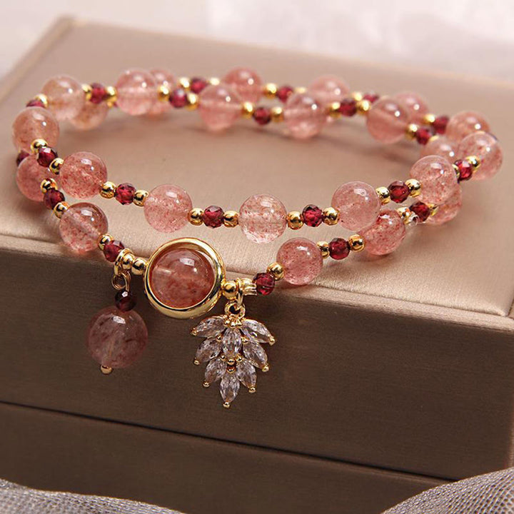 Buddha Stones Natural Strawberry Quartz Love Healing Maple Leaf Charm Double Wrap Bracelet - image 8