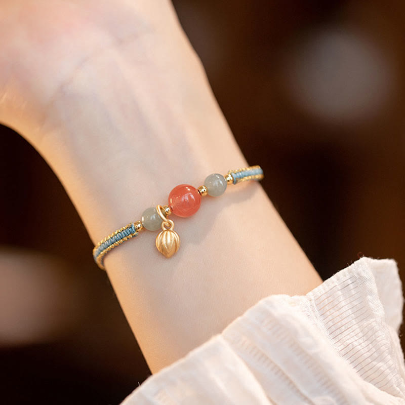 Buddha Stones Red Agate Jade Lotus Confidence Calm String Bracelet - image 9