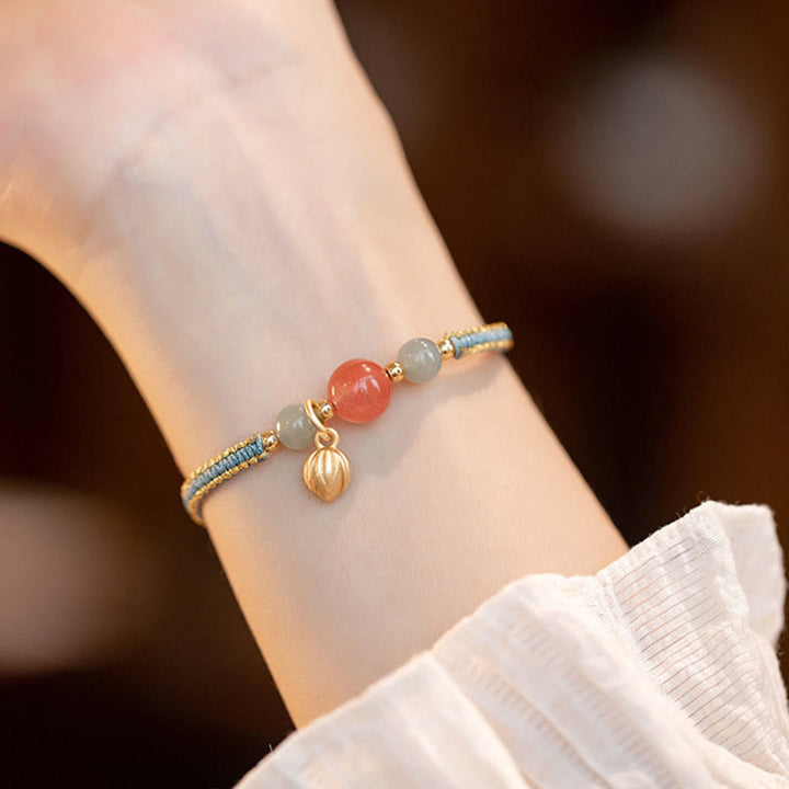 Buddha Stones Red Agate Jade Lotus Confidence Calm String Bracelet - image 9