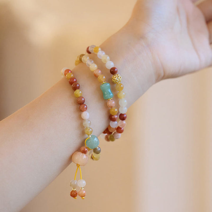 Buddha Stones Natural Golden Silk Jade Pumpkin Charm Wealth Luck Triple Wrap Bracelet - image 4