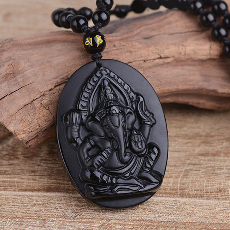 Buddha Stones Tibetan Obsidian Ganesh Ganpati Elephant Wealth Amulet Necklace - image 1