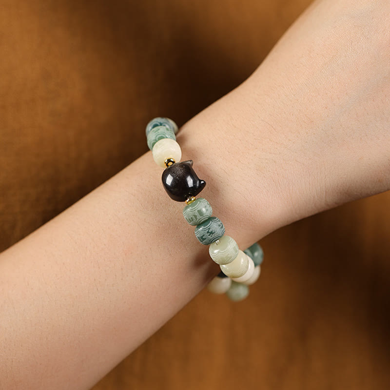 Buddha Stones Bodhi Seed Silver Sheen Obsidian Cat Head Om Mani Padme Hum Engraved Harmony Bracelet - image 11