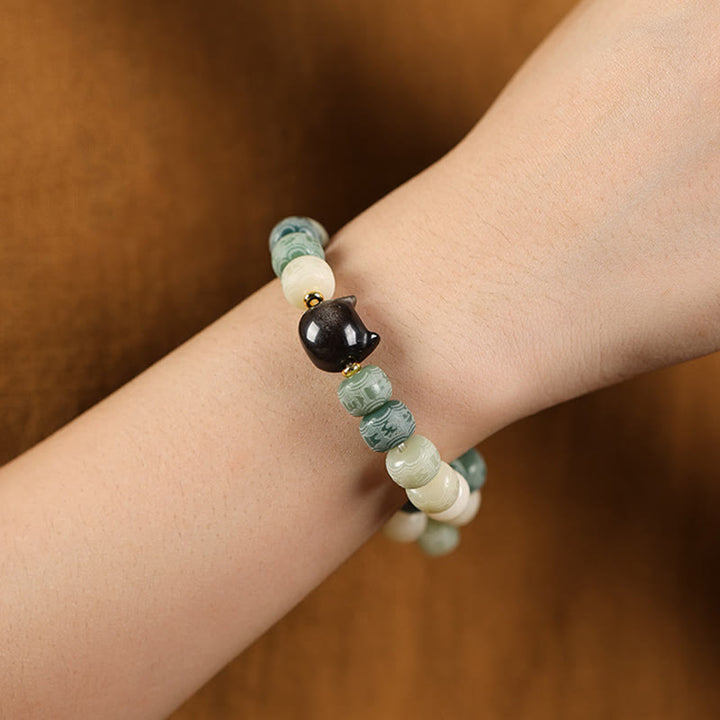 Buddha Stones Bodhi Seed Silver Sheen Obsidian Cat Head Om Mani Padme Hum Engraved Harmony Bracelet - image 11