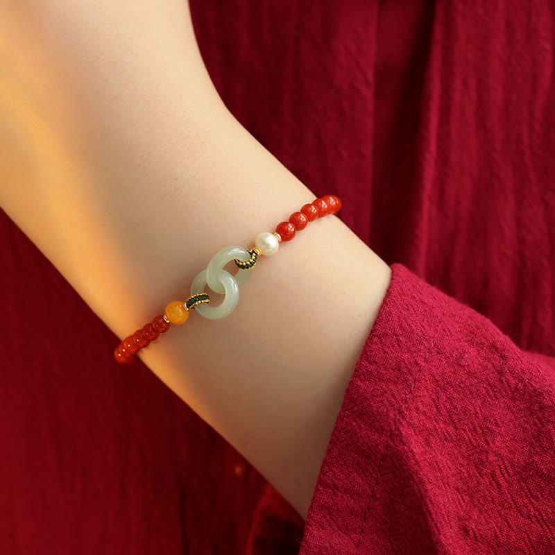 Buddha Stones Natural Red Agate Hetian Jade Double Peace Buckle Confidence Bracelet - image 6