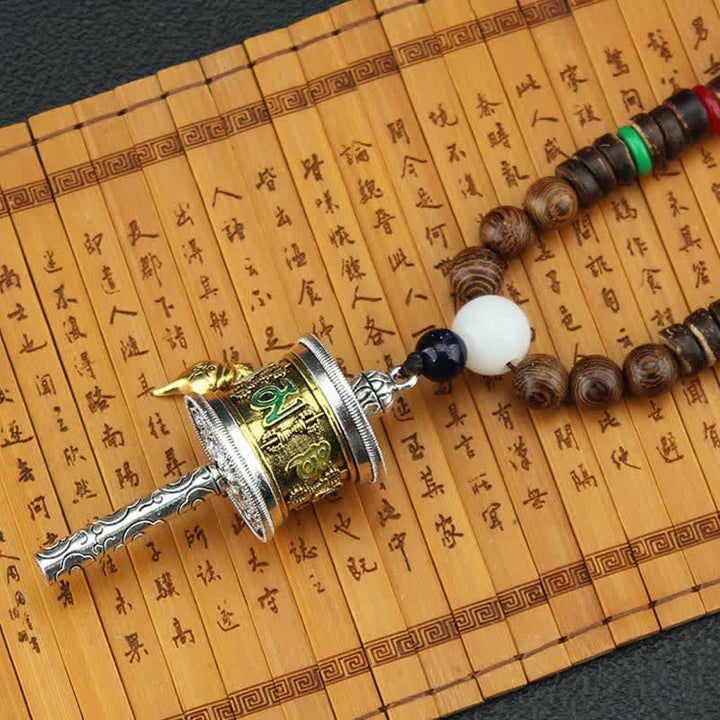 Buddha Stones Tibetan Om Mani Padme Hum Prayer Wheel Rotation Vajra Wood Necklace Pendant - image 7