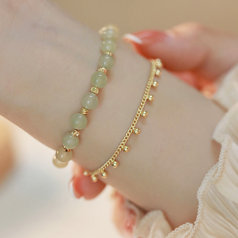 Buddha Stones 14K Gold Plated 2 Layers Hetian Jade Bead Luck Prosperity Bracelet - 2 Layers Hetian Jade Chain Bracelet - image 0