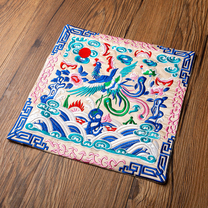 Buddha Stones Phoenix Dragon Kirin Embroidery Cup Mat Pad Tea Cup Coaster Kung Fu Tea Mat - Pink White Phoenix - image 11