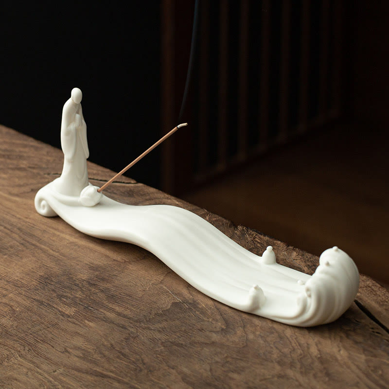 Buddha Monk Ceramic Sea Wave Mountain Blessing Incense Burner Decoration - White 26*5.5*9cm - image 0