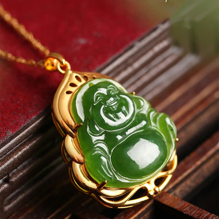 Buddha Stones 925 Sterling Silver Natural Hetian Cyan Jade Laughing Buddha 18K Gold Healing Necklace Chain Pendant - image 1
