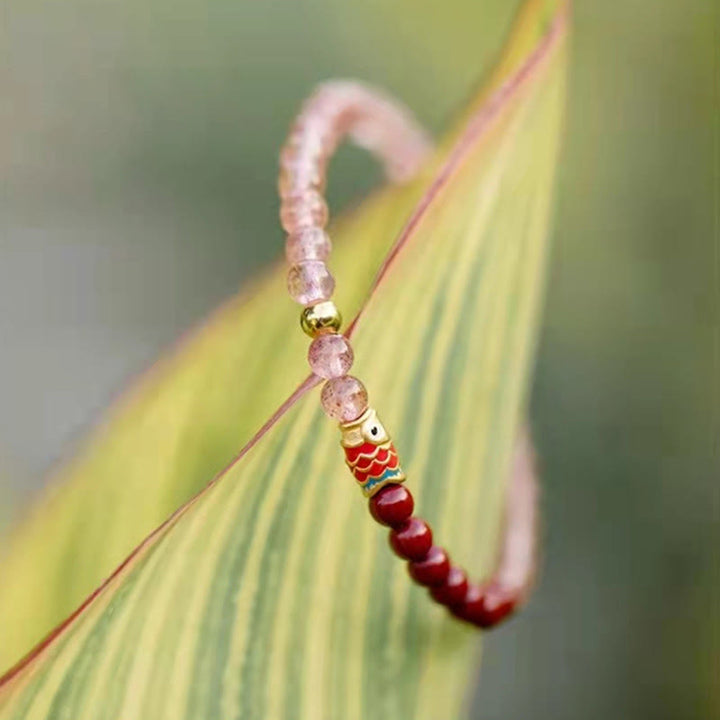 Buddha Stones Natural Strawberry Quartz Cinnabar Lucky Koi Fish Healing Bracelet - image 21