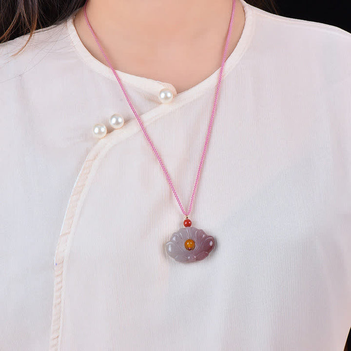 Buddha StonesPink Golden Silk Jade Lotus Flower Wealth Necklace Pendant - image 2