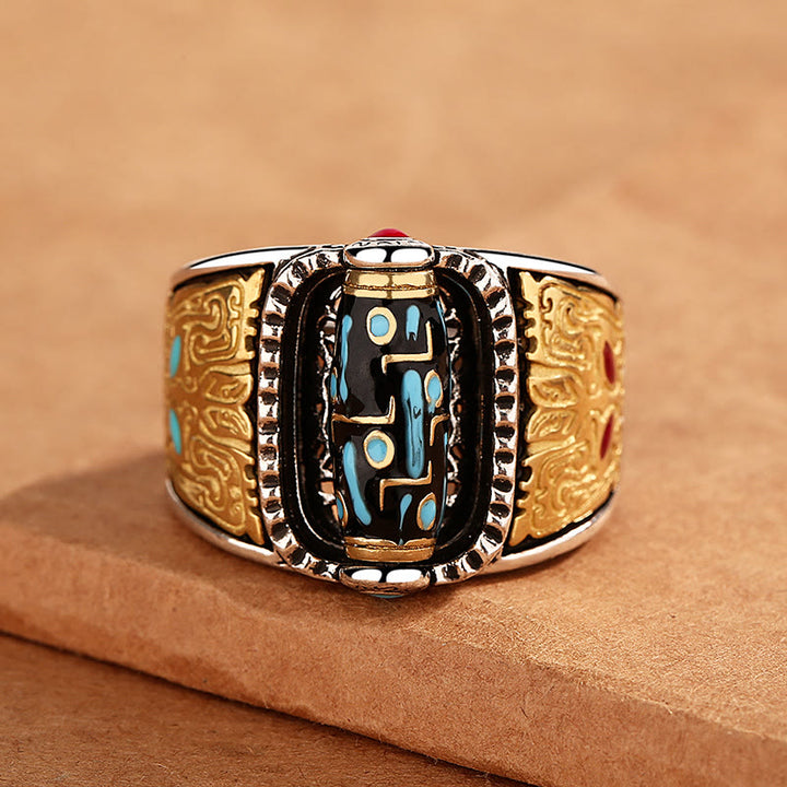 Buddha Stones Tibetan Nine-Eye Dzi Bead Wealth Blessings Rotatable Ring - image 1