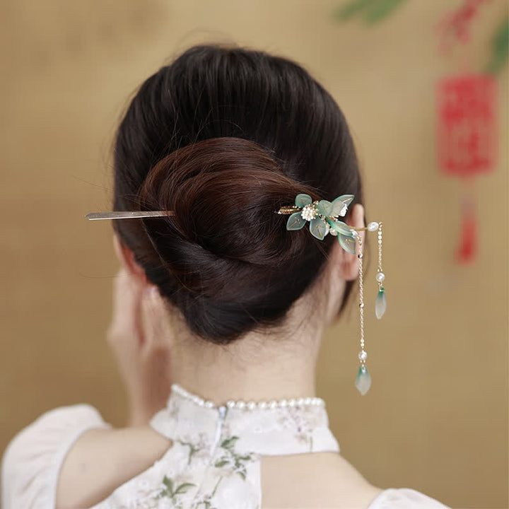 Flower Leaf Pearl Peace Tassel Hairpin - Flower&Leaf - image 0