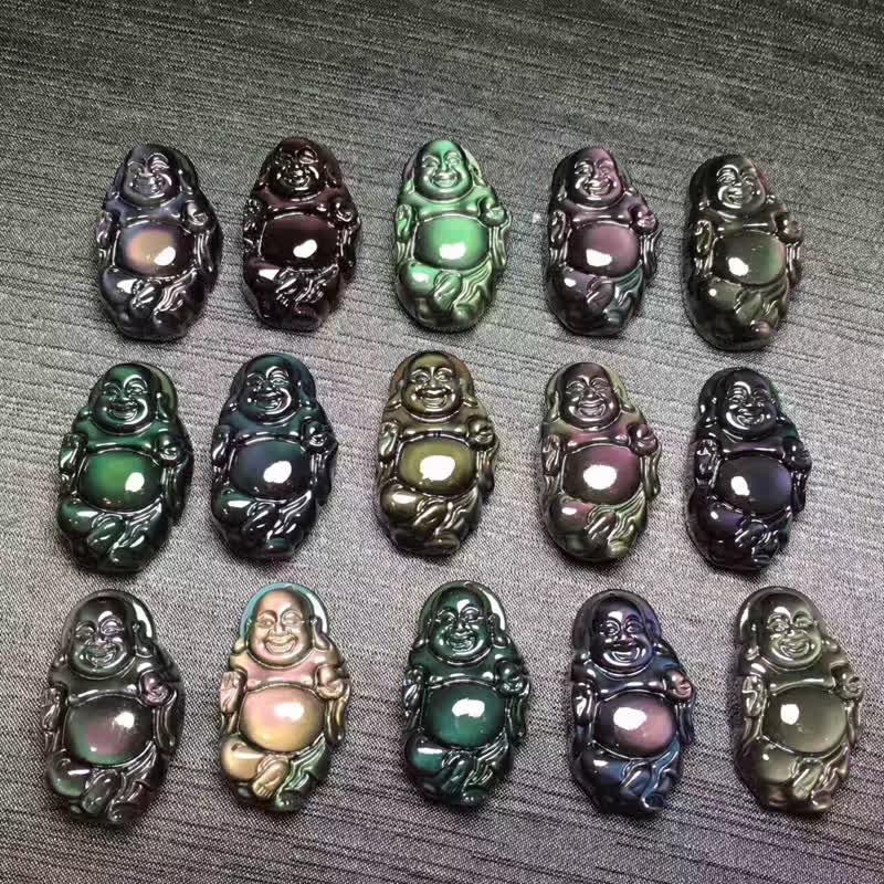 Natural Rainbow Obsidian Laughing Buddha Inner Peace Necklace Pendant - image 11