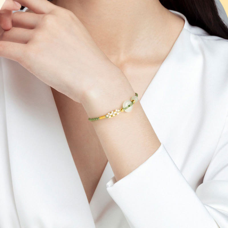 Buddha Stones Hetian Jade Peace Buckle Luck Peach Blossom Braided Bracelet - image 3